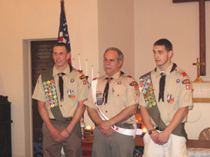 Recent Eagle Scouts John Pilmer and David Bilinski with Scoutmaster Jeff Jerabek